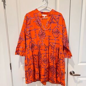 Jude Connally Vibrant Orange Dress with Purple Geometric Design